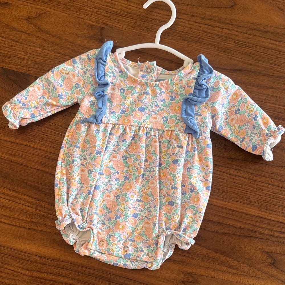 Pastel Floral Ruffle Baby Romper - Blue Accent